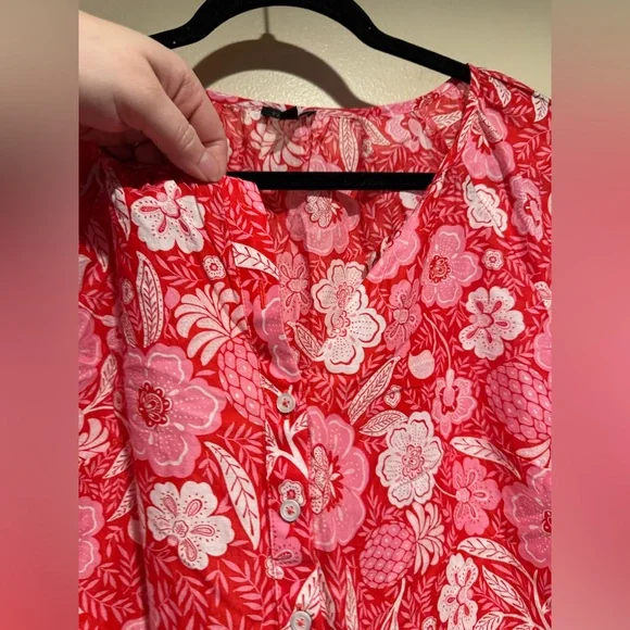 Talbots Floral Pineapple Paradise Button Front Popover Blouse - Picture 7 of 12